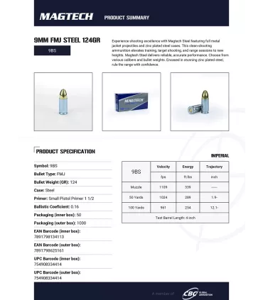 50 balles Cal.9x19 124grs FMJ Acier MAGTECH
