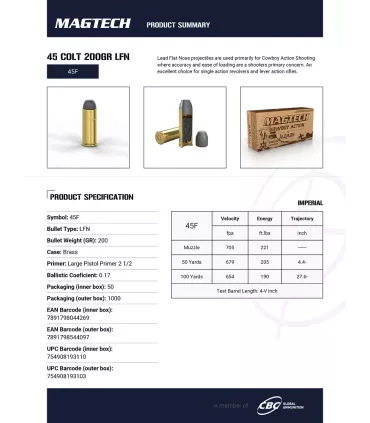 50 balles Cal.45LC Cowboy Action LFN 200grs MAGTECH