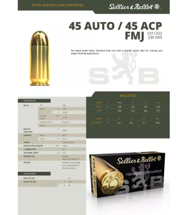 50 balles Cal.45 ACP 230grs FMJ S